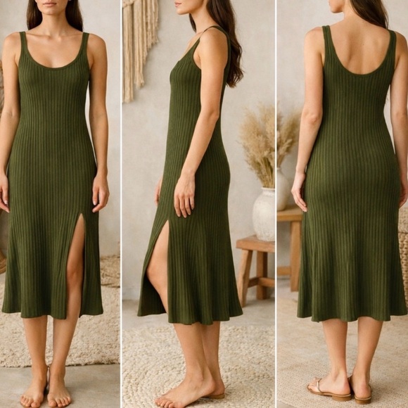 Vitamin A West Organic Olive Green Cut Out Ribbed Resortwear Summer Midi Dress - Picture 8 of 8